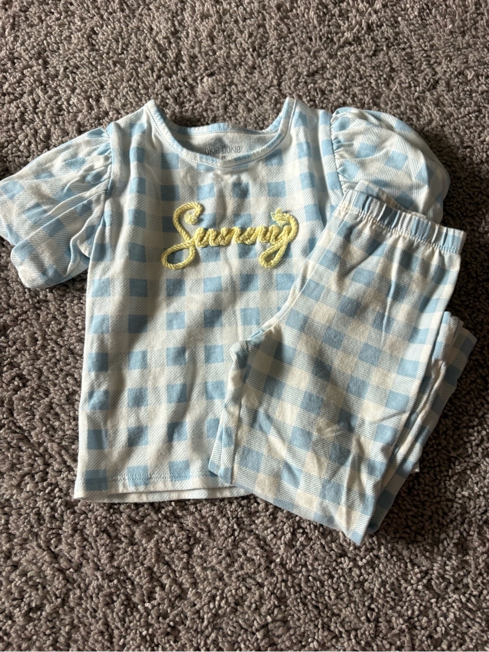 okie dokie Light Blue Gingham Pajama Set with Yellow 'Sunny' Embroidery